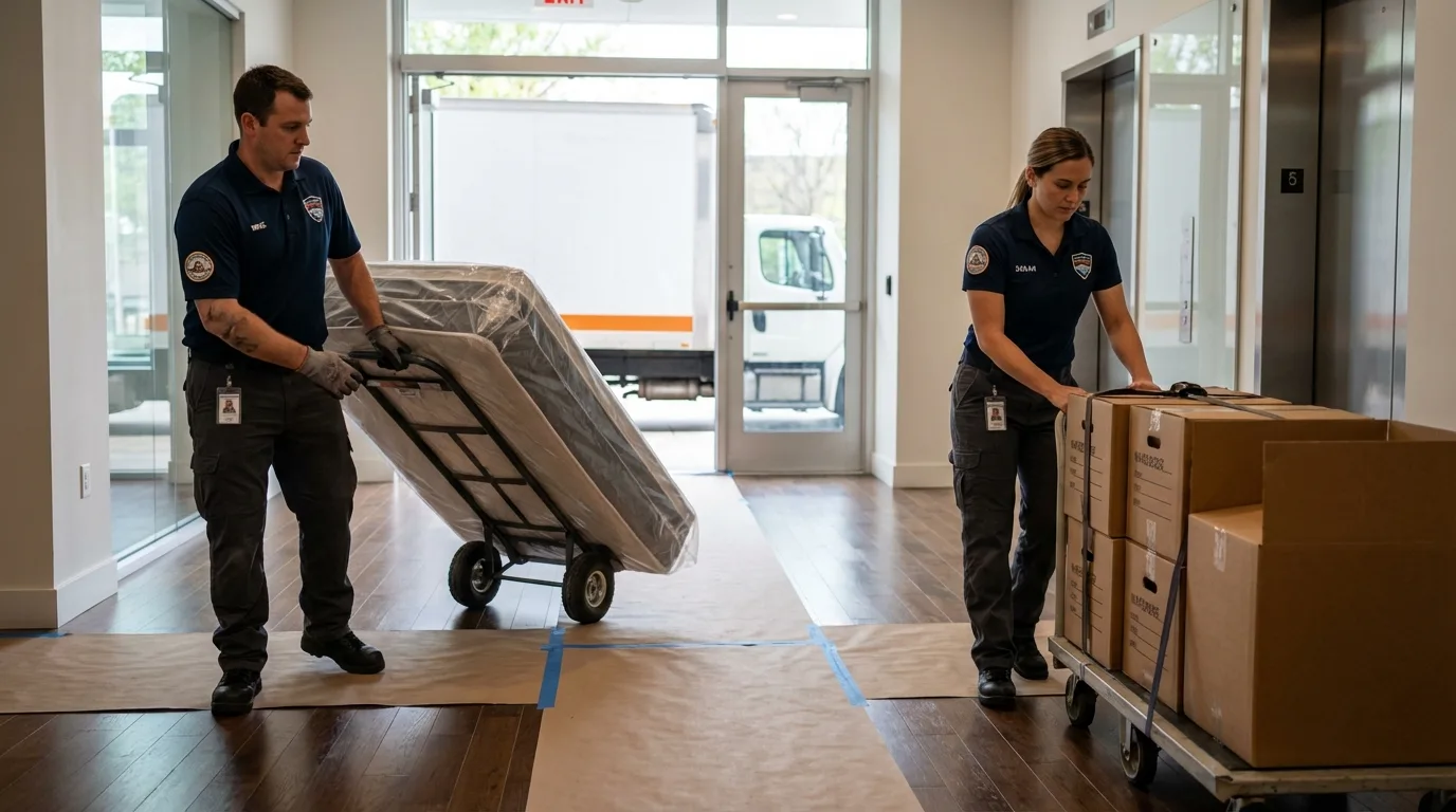 Professional apartment movers loading elevator in Aumsville, OR